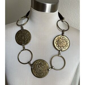 Vtg Brass Heraldic Madallions & Rings 70s Boho Necklace Renaissance Wear